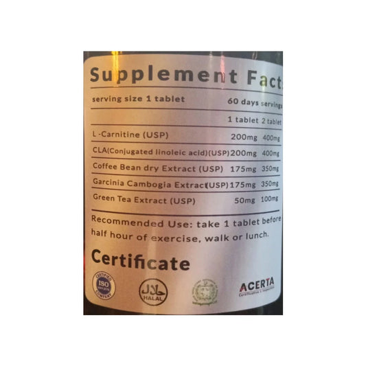Supplement label with 'Supplement Facts' and 'Acerta' branding on a white background