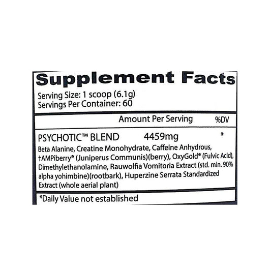 Supplement facts label for a 'Psychotic Blend' with detailed ingredient list on a white background.