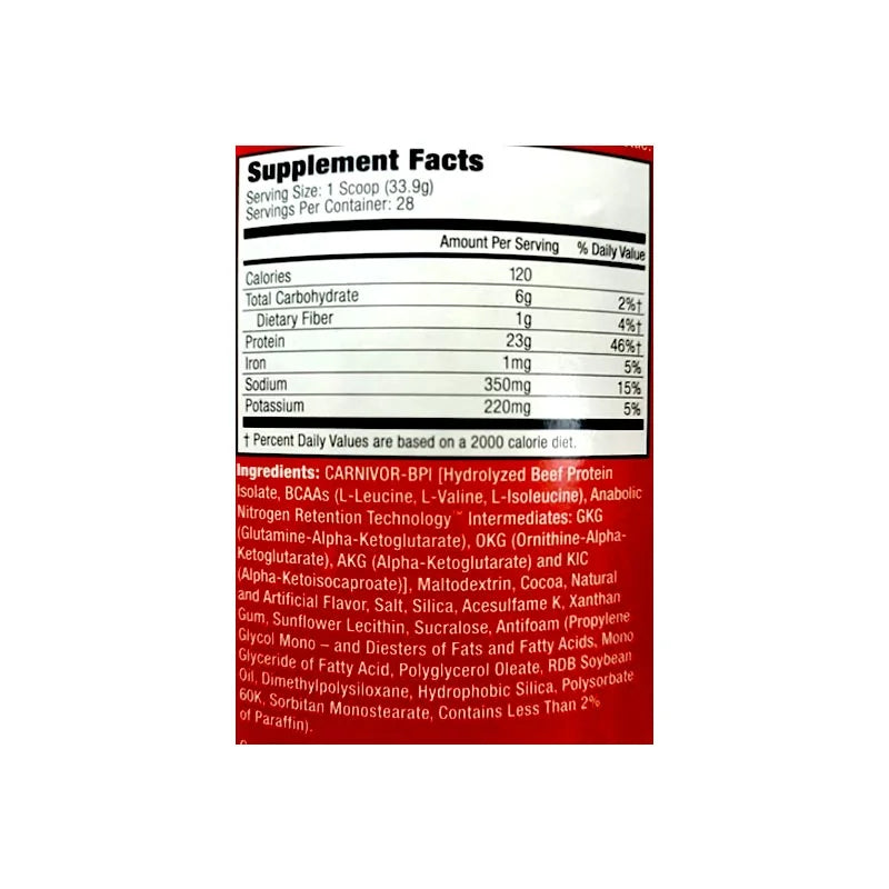 MuscleMeds Carnivor Beef Protein 2lbs nutritional facts. High in protein, low in fat, perfect for muscle recovery and building lean muscle.