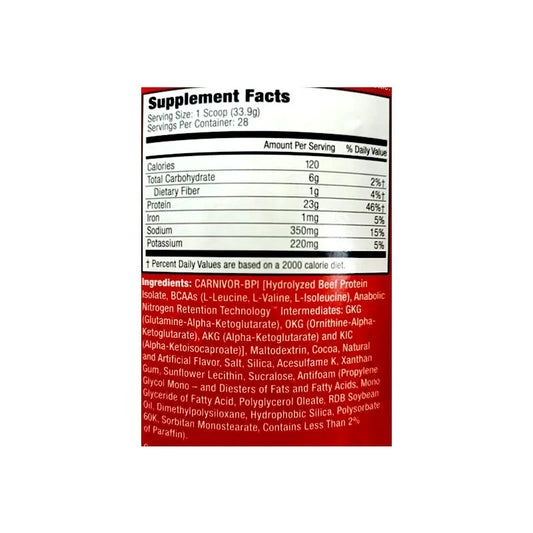 MuscleMeds Carnivor Beef Protein 2lbs nutritional facts. High in protein, low in fat, perfect for muscle recovery and building lean muscle.