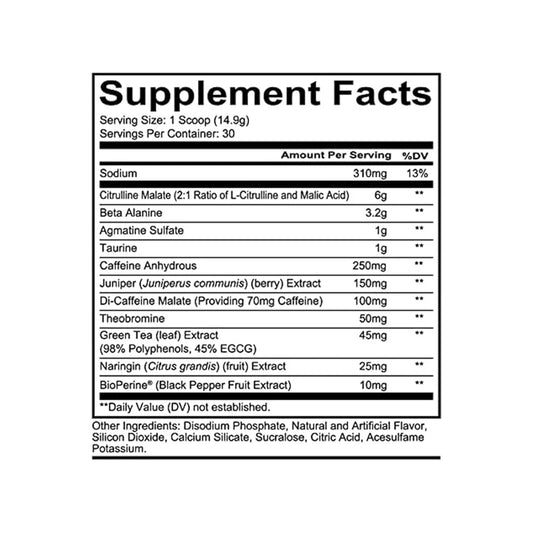 Supplement facts label with various ingredients and their amounts on a white background