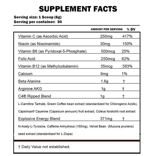 Nutritional label showing ingredients and dosage in Cellucor C4 Ripped Pre Workout