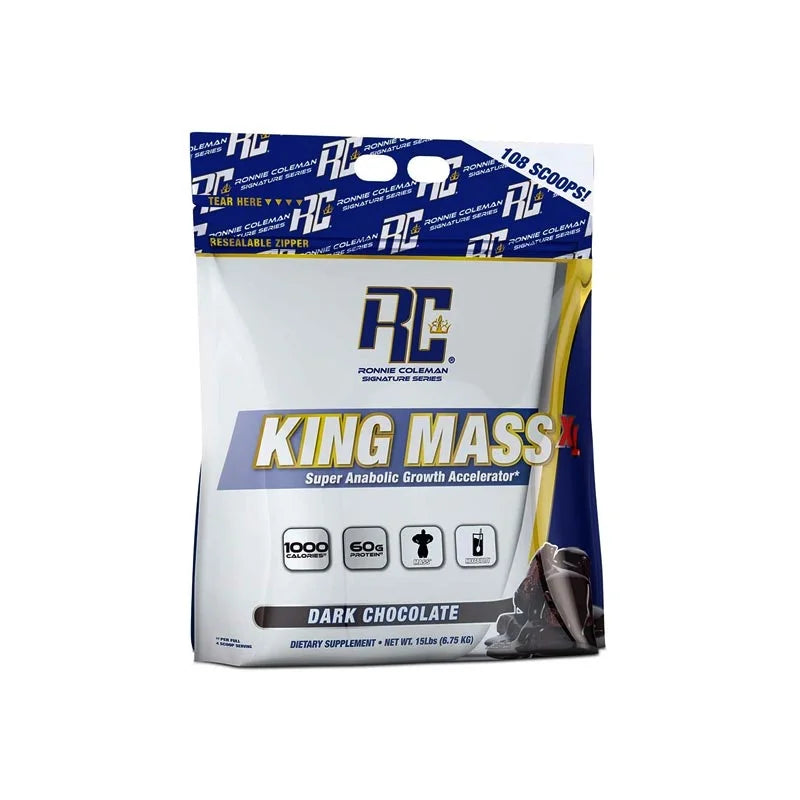 A package of Ronnie Coleman King Mass XL 15lbs dark chocolate flavor, highlighting its super abnormal growth accelerator properties.