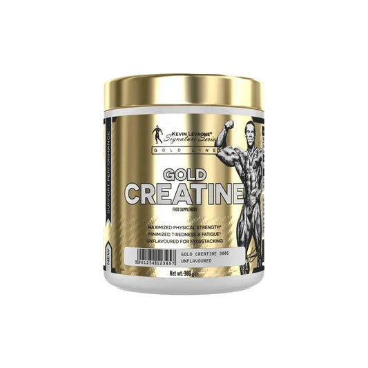 A container of Kevin Levrone Gold Creatine with a gold lid and label featuring an illustration of a muscular man. The container is marked with the product name and serving information.