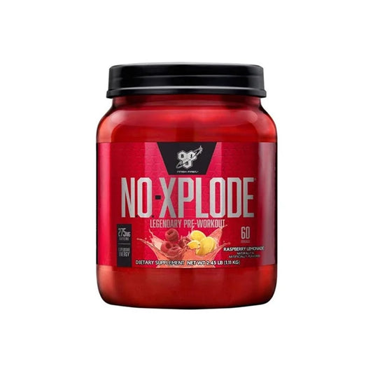 A container of BSN NO-Xplode Pre-Workout supplement in red color with brand and product information.