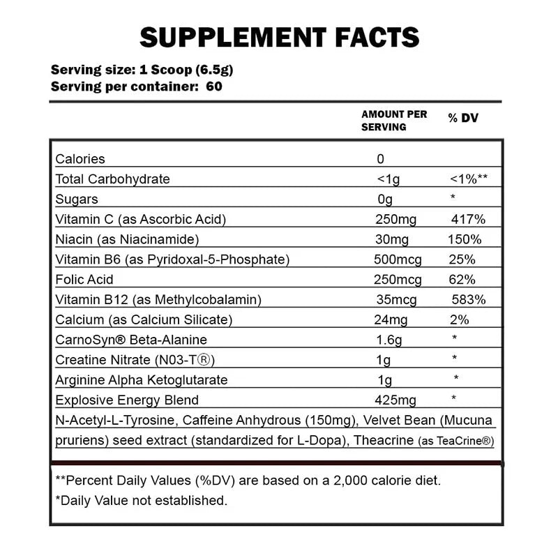Supplement facts panel for Cellucor C4 Original Pre Workout 60 servings
