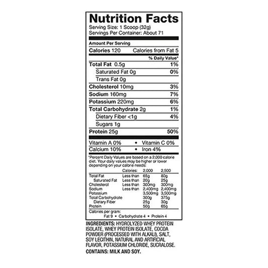 Nutrition and supplement facts for Dymatize ISO 100 Whey Protein 5lbs
