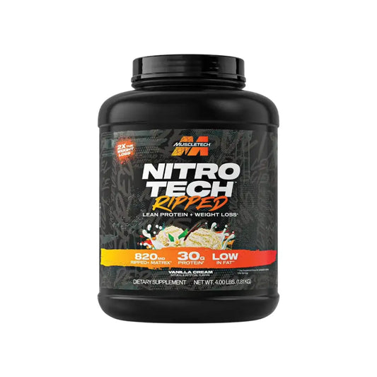 A container of MuscleTech Nitro-Tech Ripped protein powder in black and red color scheme