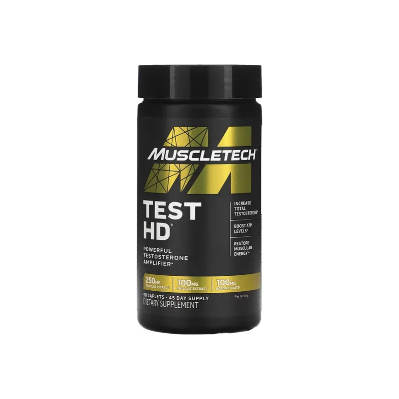 A container of MuscleTech Test HD, which is a testosterone booster supplement with 90 capsules.