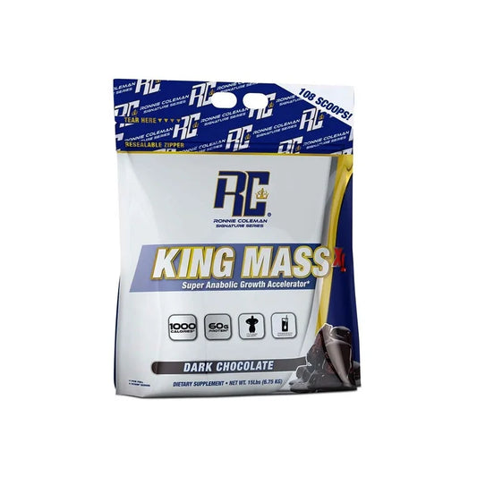 A package of Ronnie Coleman King Mass XL 15lbs dark chocolate flavor, highlighting its super abnormal growth accelerator properties.